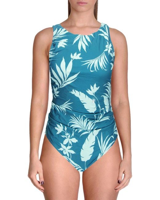 Jantzen Blue Floral High Neck One-piece Swimsuit