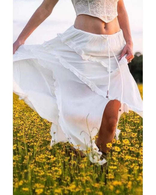 TRUEDAMES White Solid Ruffle Drawstring Waist Asymmetry Hem Skirt