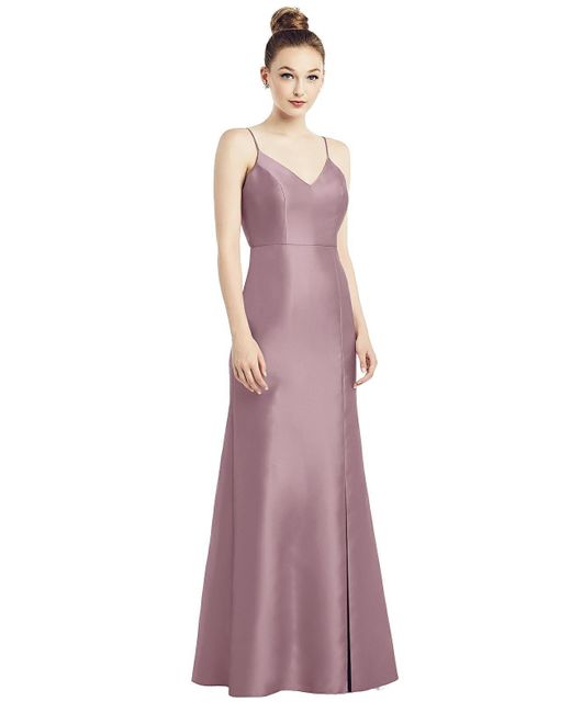 Alfred Sung Purple Open-back Bow Tie Satin Trumpet Gown