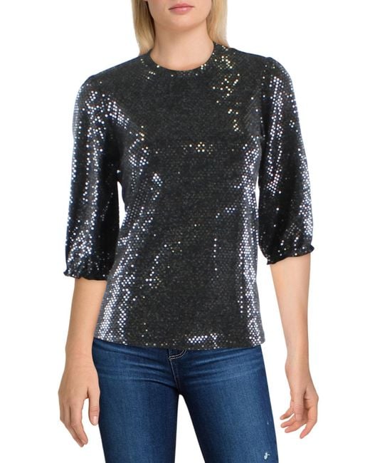 Nanette Lepore Black Sequins Puff Sleeves Pullover Top