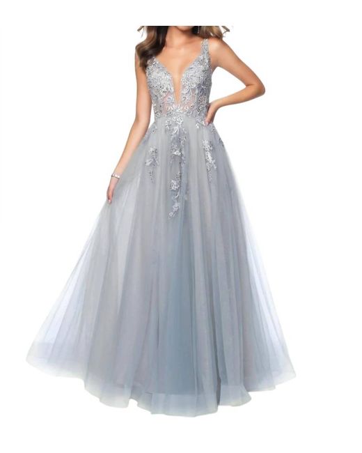 Deep V-Neck Appliqued Tulle Open Back Prom Dress Dusty Rose main image 0