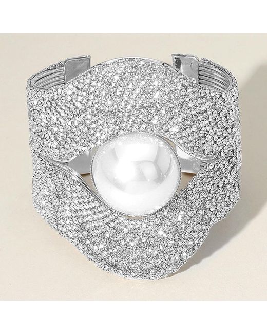 Fashnzfab Gray Pearl Pointed Stone Paved Wide Cuff Bracelet Clear, Rhodium