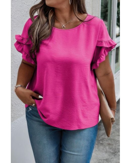 TRUEDAMES Pink Plus Size Round Neck Ruffle Solid Loose Shirt