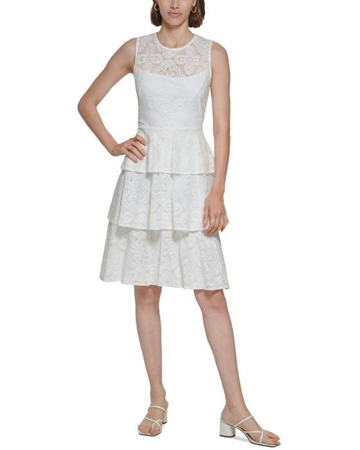 Calvin Klein White Petites Lace Tiered Fit & Flare Dress