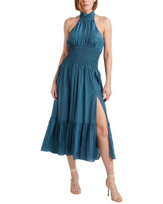 Cinq À Sept Blue Dover Cotton-Silk Halter Midi-Dress