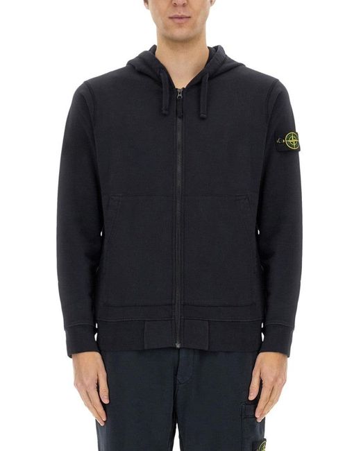 Stone Island Blue Front-Zip Sweatshirt With Hood And Signature Logo for men
