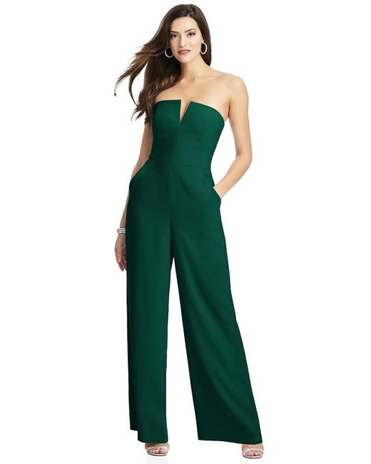 Dessy Collection Green Strapless Notch Crepe Jumpsuit With Pockets