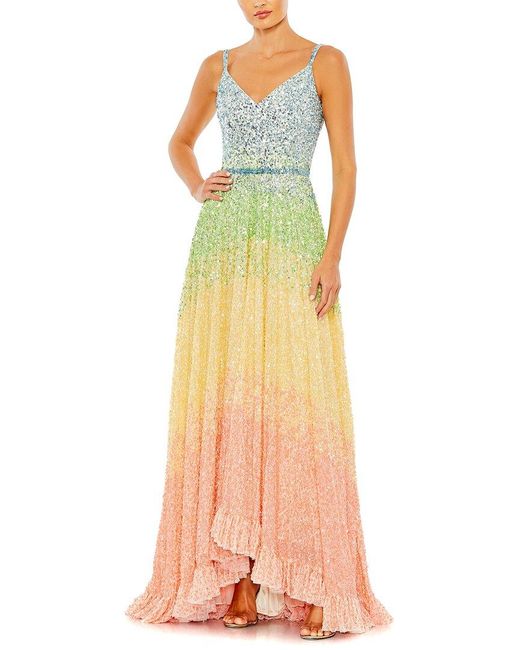 Mac Duggal Yellow Sequined Rainbow Sleeveless High Low Gown