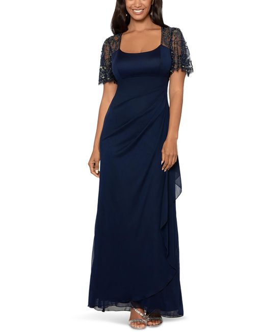 Xscape Blue Ruffled Embellished Evening Dress