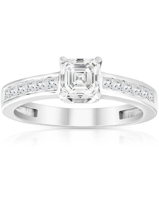 Pompeii3 Metallic 1ct Asscher Cut Moissanite & Princess Cut Diamond Engagement Ring 14k White Gold