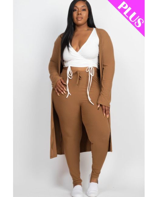 Fashnzfab Brown Plus Size Ribbed Long Cardigan & Leggings Set