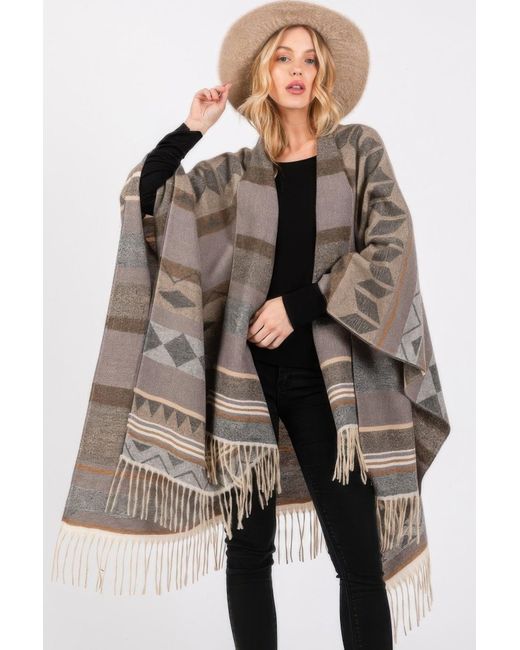TRUEDAMES Brown Aztec Pattern Fringe Ruana