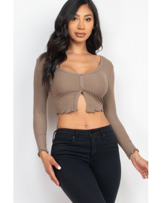 TRUEDAMES Blue Ribbed Button Front Split Long Sleeve Top