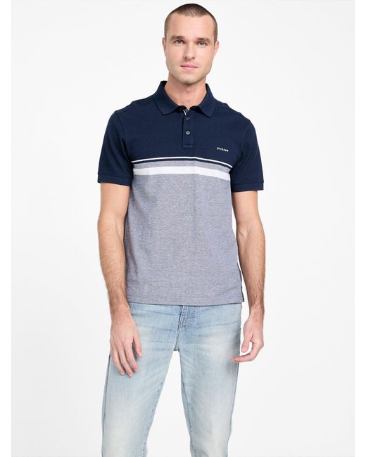 Guess Blue Teo Color-Block Striped Polo for men