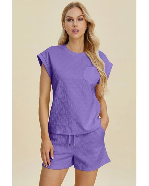 TRUEDAMES Purple Full Size Pocketed Texture Round Neck Top And Shorts Set