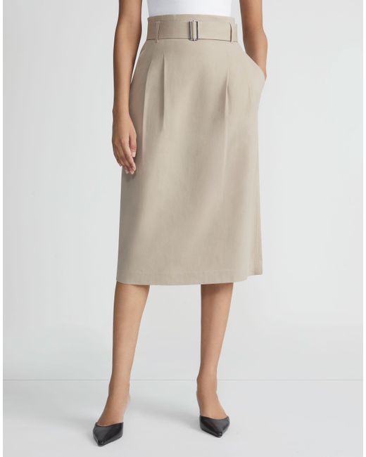 Lafayette 148 New York Natural Abaca Cotton Twill A-line Belted Midi Skirt