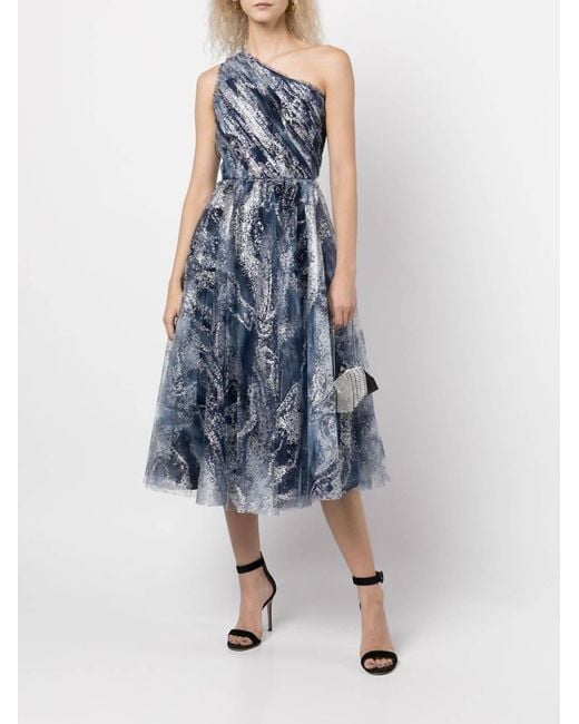 Marchesa Blue One-shoulder Tulle Tea-length Gown