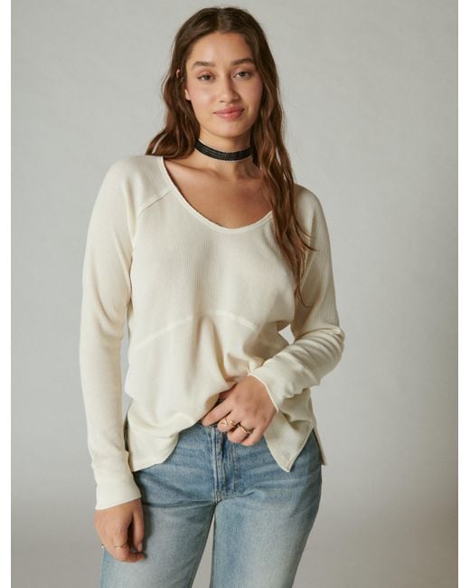 Lucky Brand Oversized V Neck Waffle Thermal in Natural