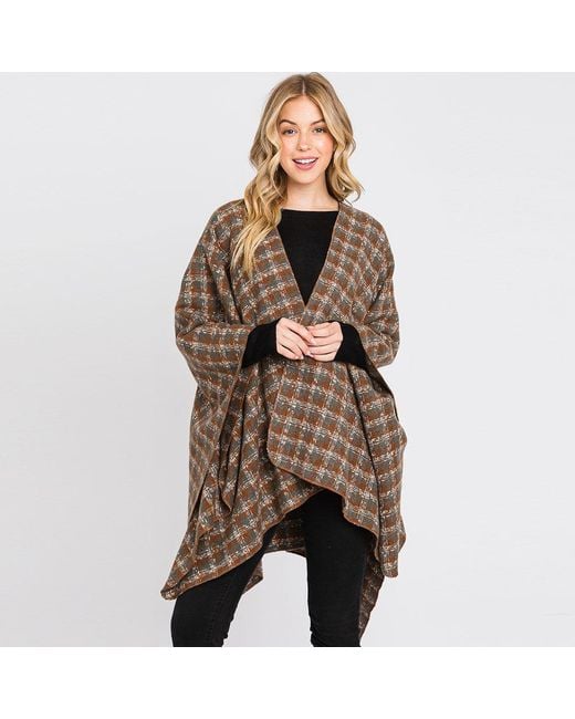 TRUEDAMES Brown Houndstooth Patterned Ruana Poncho