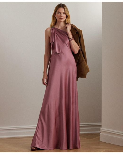 Ralph Lauren Brown Dress Rose Blush Satin One-Shoulder Gown Fts1497