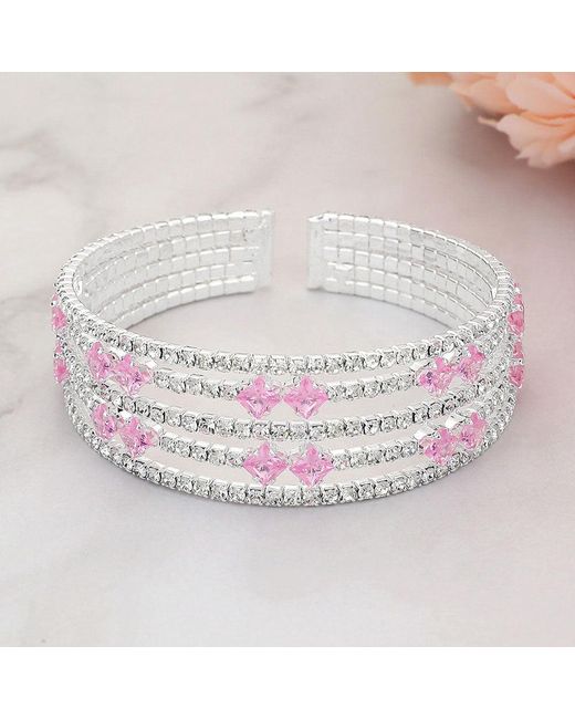 Fashnzfab Pink Square Cut Cz Stone Accented Evening Bracelet Clear