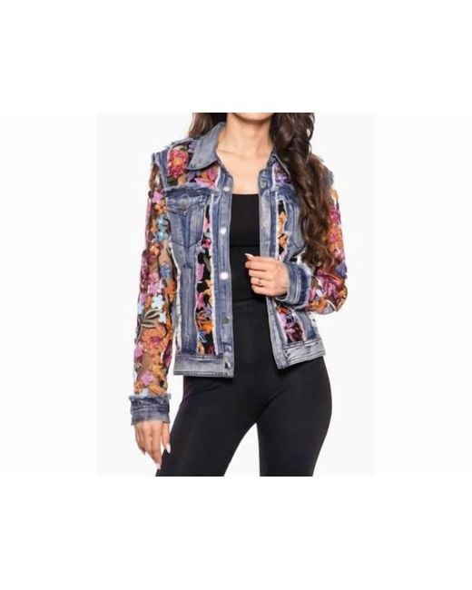 Adore Women's Black Denim Jacket With Sheer Floral Embroidery