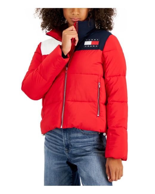 Tommy Hilfiger Colorblock Cold Weather Puffer Jacket in Red | Lyst