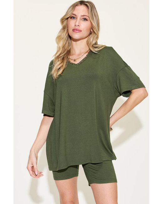 TRUEDAMES Green Full Size V-Neck Drop Shoulder T-Shirt And Shorts Set