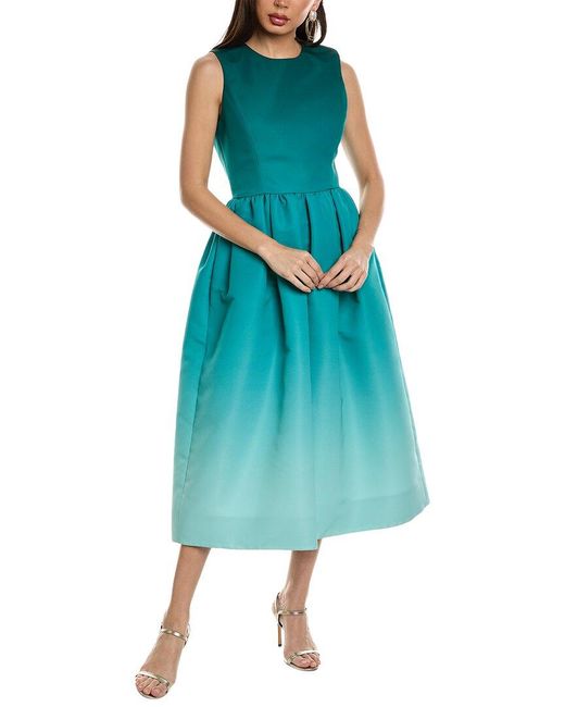 Oscar de la Renta Blue Jewel Neck Ombre Silk-lined A-line Dress