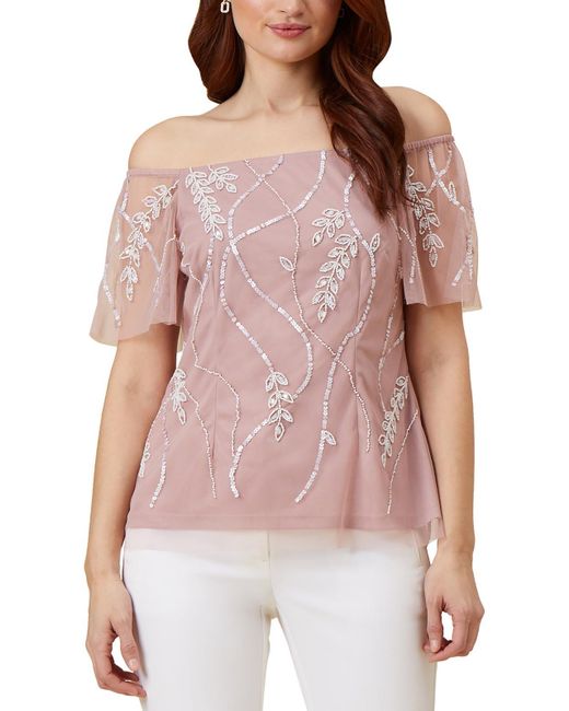 Adrianna Papell Red Beaded Mesh Blouse