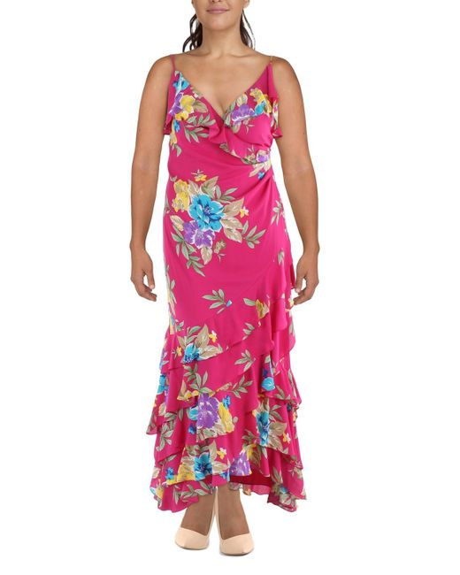 Lauren by Ralph Lauren Pink Floral Print Long Evening Dress
