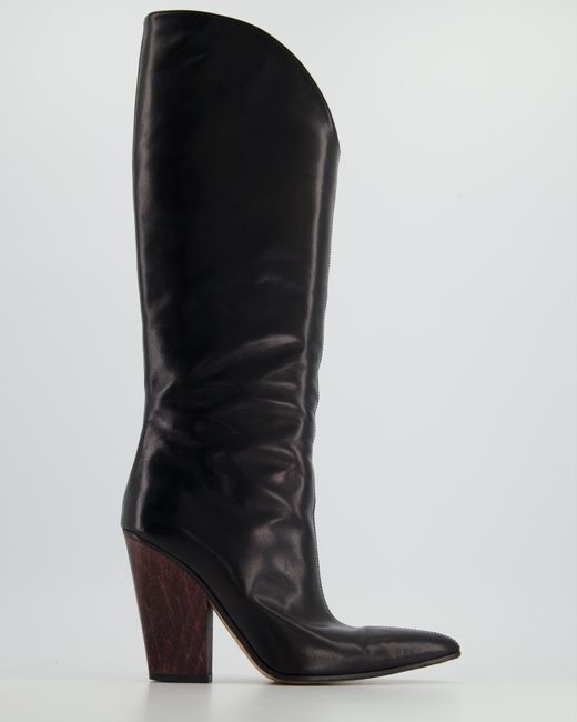 Magda Butrym Black Knee High Pointed Toe Boots With Wooden Heel Detail