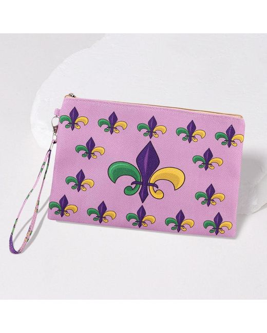 Fashnzfab Pink Mardi Gras Fleur De Lis Pattern Printed Pouch Bag Clutch Bag With Wristlet