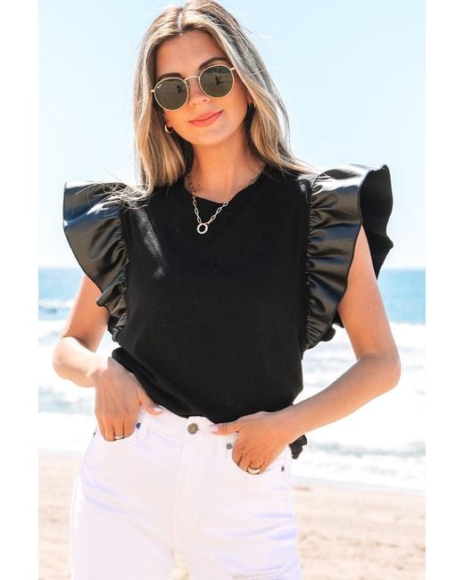 TRUEDAMES Black Leather Ruffle Sleeve Patchwork Round Neck Blouse