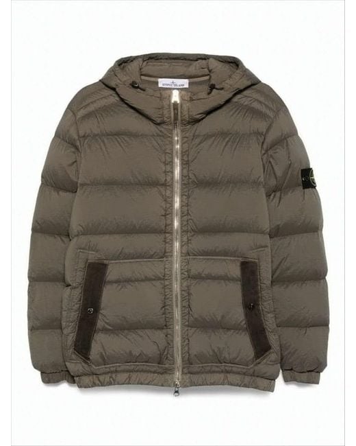 Stone Island Green Quilted Down Jacket With Adjustable Hood And Signature Patch for men