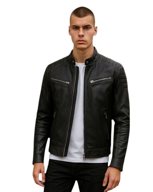 Infinity Leather Black Modern Classic Leather Quilted Biker Jacket for men