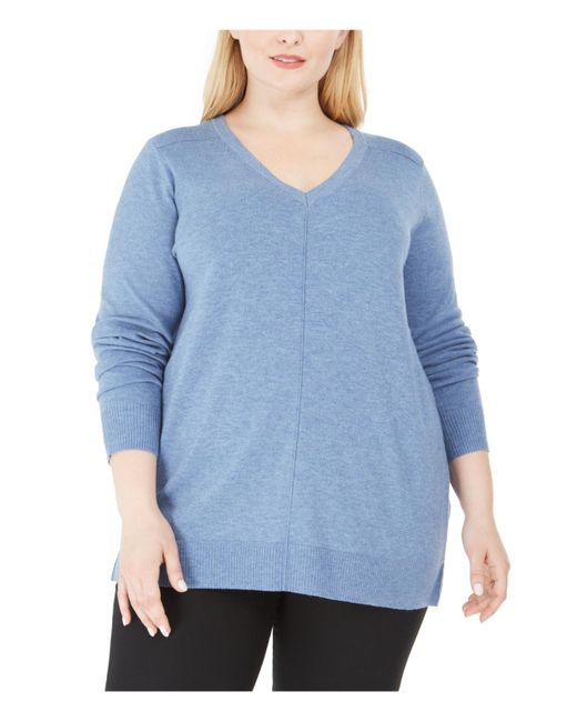 Karen Scott Blue Plus Ribbed Trim V-neck Sweater