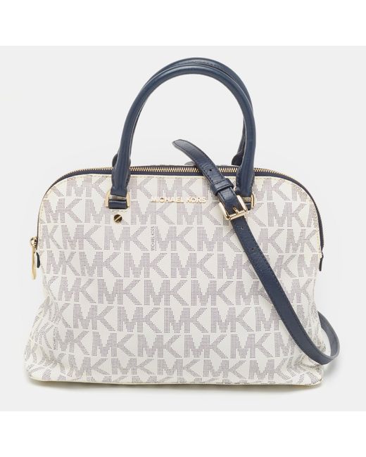 Michael Kors White Signature Coated Canvas And Leather Large Cindy Dome Bag