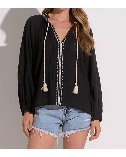 Elan Black Macy Embroidered Peasant Blouse