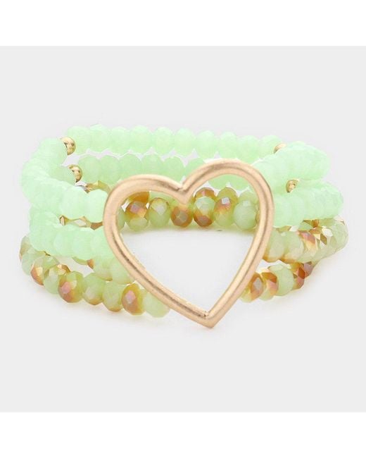 Fashnzfab Metallic Open Metal Heart Accented Multi Layered Faceted Beaded Stretch Bracelet Mint