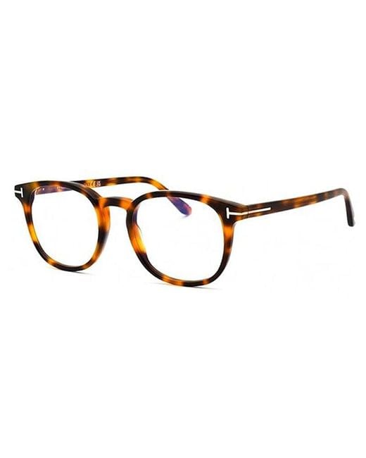 Tom Ford Brown Eyeglasses Round Full Rim, Shiny Blonde Havana Frame And Clear Light Block Lens Ft5819-B053 for men