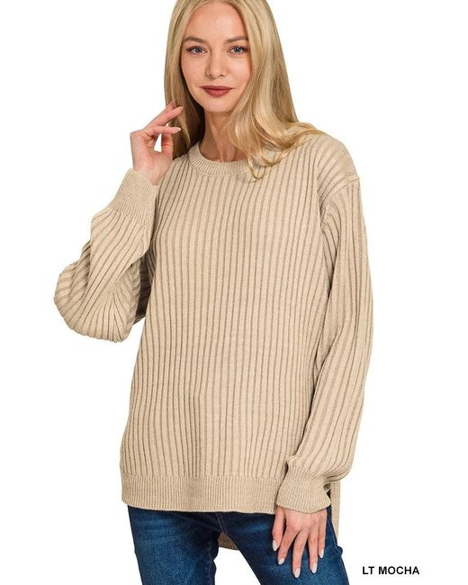 TRUEDAMES Natural Curved Hem Two-Tone Ribbed Sweater