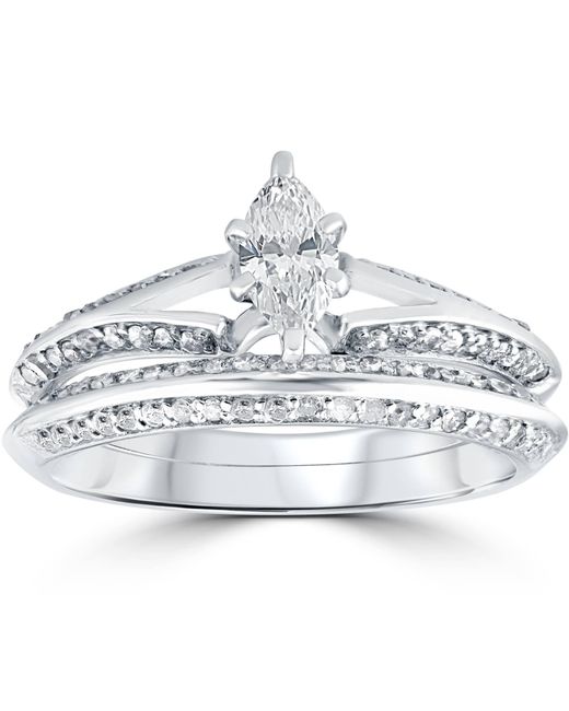 Pompeii3 Metallic 3/4 Ct Marquise Diamond Engagement Wedding Ring Set 14k White Gold
