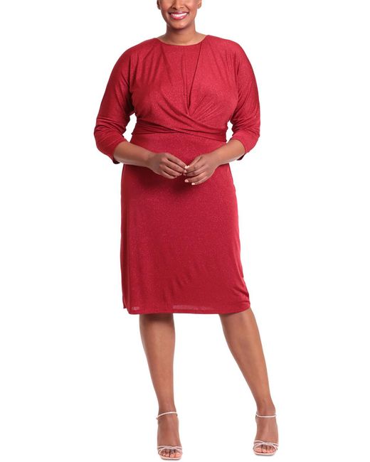 London Times Red Plus Ruched Short Midi Dress