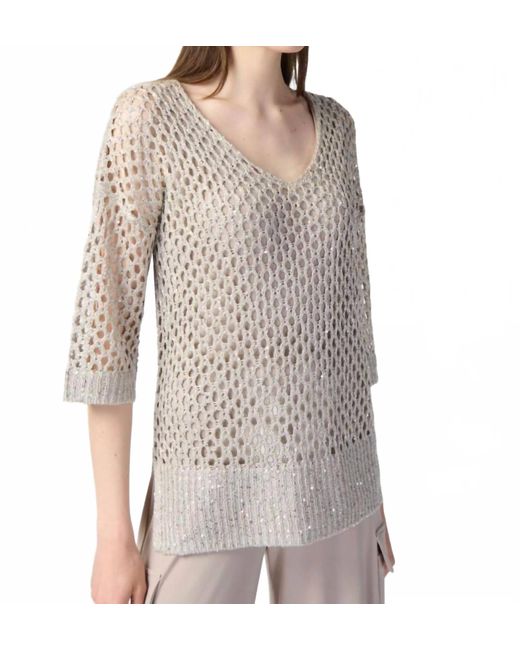 Joseph Ribkoff Gray Sequined V-Neck 3/4 Sleeve Crochet Top