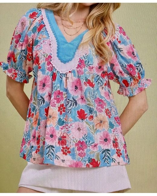 Umgee Blue Aqua Bloom Blouse