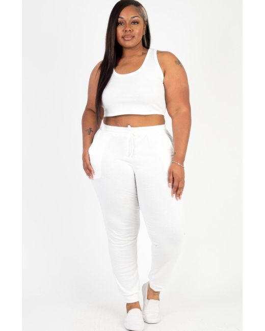 TRUEDAMES White Plus Size French Terry Cropped Tank Top & Joggers Set