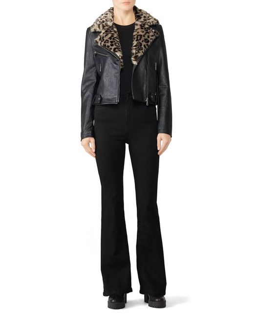Vigoss Black Leopard Collar Faux Leather Jacket