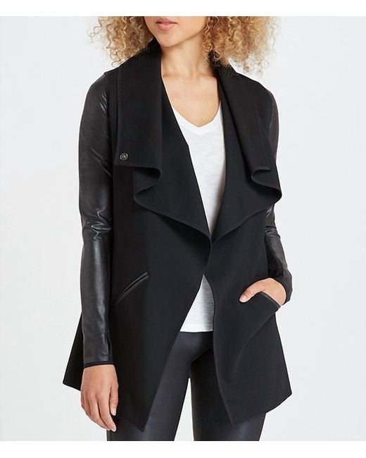 Spanx Ponte Vegan Leather Sleeve Drape Front Jacket in Black