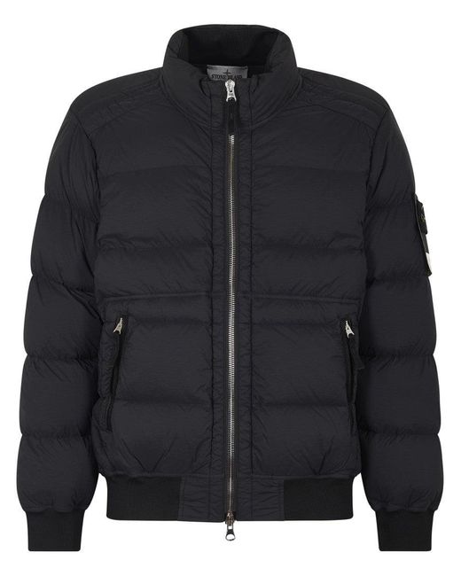 Stone Island Black Puffy Jacket With High Collar And Ribbed Detailing for men